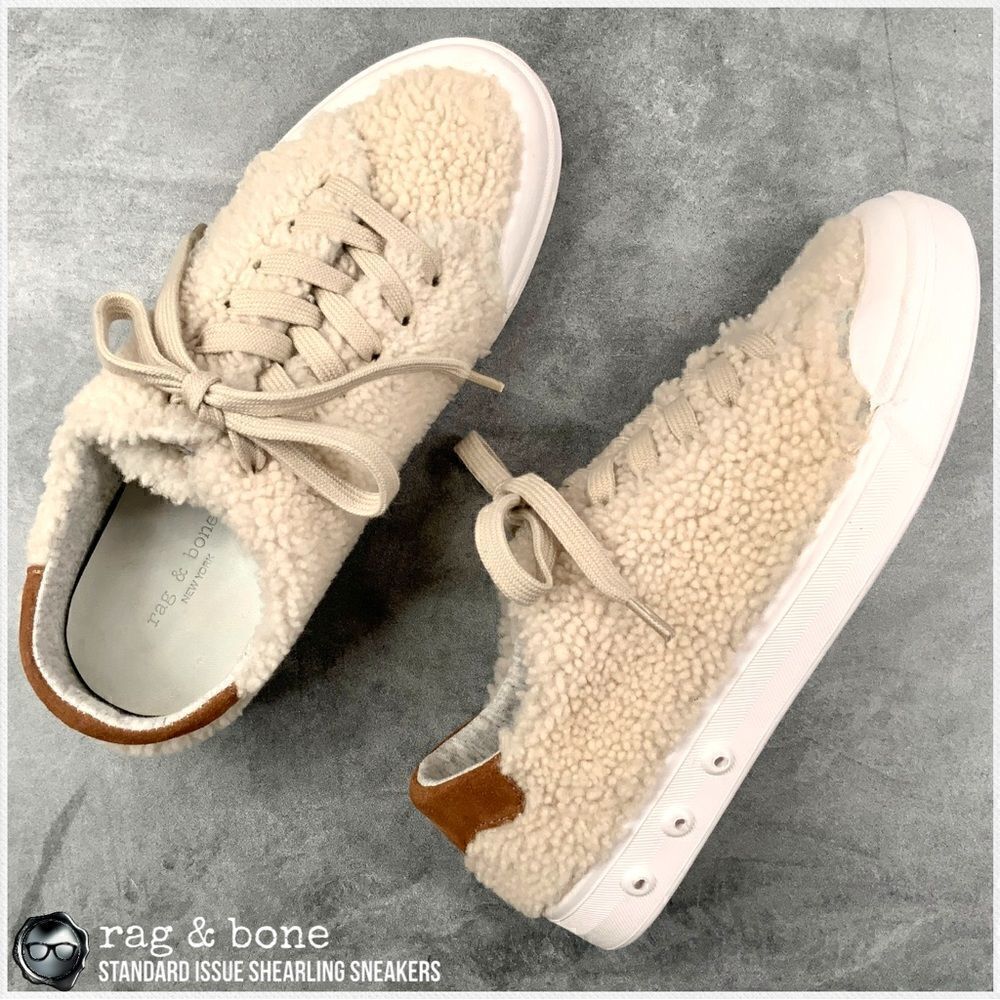 RAG & BONE STANDARD ISSUE SHEARLING LACE UP SNEAKERS IN IVORY RETRO SIZE 7.5